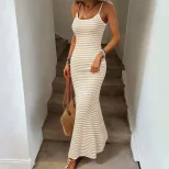 Knitted Striped Mermaid Dress Sleeveless Bodycon Fit Textured Fabric Vacation Style Perfect for