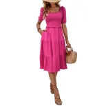 Summer Womens Dress Fitted A Line Silhouette Square Neck Lightweight Fabric Available in Red Wholesale