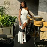 Fashionable Solid Color Long Dress Asymmetrical Neckline Sleeveless Side Slit Casual Wear Summer