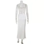 Backless Halter Top and Low Waist Maxi Skirt Set Sexy Satin Fabric Chic Style Perfect for Partie