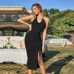 Womens Backless V Neck Bodycon Dress Ruching Detail Halter Neck Slim Fit Spring Summer Fashion W