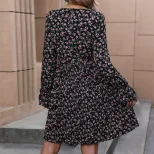 Womens Long Sleeve Ruffled Floral Dress Autumn Collection European and American Style Perfect fo