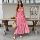 Bohemian Geometric Print Maxi Dress Halter Neck Side Slit Vacation Style Wholesale Available
