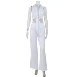French Style Sleeveless Lapel Tie Top High Waist Satin Trousers Elegant Business Attire for Prof