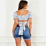 Floral Short Sleeve Top for Women Square Neck Puff Sleeves Back Tie Design Slim Fit Casual Wear