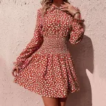 Floral Print Long Sleeve Dress Elastic Waist Casual Style Spring and Autumn Wear Wholesale Avail