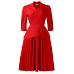 Plus Size Womens Dress Autumn Fashion Solid Color Three Quarter Sleeve Suit Collar Flared Skirt