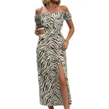 Zebra Print Puff Sleeve Off Shoulder Dress High Slit Elegant Design Perfect for Parties and Even