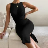 Knit Bodycon Dress Round Neck Waist Defining Side Slit Spring Summer Casual Wear Wholesale Avail