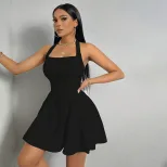 Y2K Style Womens A Line Mini Dress Halter Neck Backless Waist Cinching Flared Skirt Perfect for