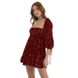 Plus Size Loose Sequin Mini Skirt Dress Short Sleeve Square Neck Solid Color Flared Hem Summer C