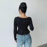 Polka Dot V Neck Long Sleeve T Shirt for Women Slim Fit Waist Cinching Lightweight Casual Wear o