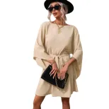 Womens Long Sleeve Dress Round Neck Elastic Waist Short Skirt Elegant Style for Casual Occasions