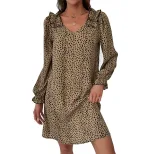 Leopard Print Long Sleeve Dress Loose Fit Ruffle Trim Autumn Fashion Perfect for Casual Outings