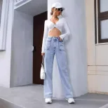 High Waisted Straight Leg Denim Pants Pocket Design Casual Style Womens Fashion Wholesale Availa
