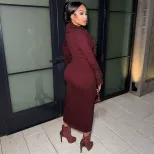 Knit Bodycon Dress Long Sleeve Deep V Neck Fringe Detail Solid Color Autumn Winter Fashion for P