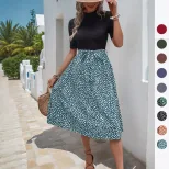 Summer Elegant Color Block Leopard Print Dress Half High Neck Fresh Style Versatile for Casual o
