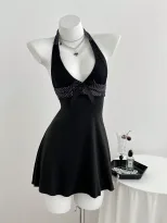 V Neck Halter Mini Dress Ruffled Hem Bow Tie Slim Fit Elegant Evening Wear Ready to Ship private