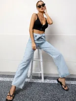 High Waisted Wide Leg Jeans Summer Style Tie Design Washed Fabric Casual Wear for Women Ready to