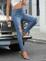 High Waisted Ripped Skinny Jeans Trendy Design Slim Fit Comfortable Fabric Casual Wear for Women