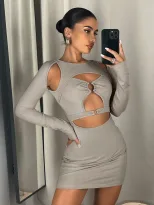 Bodycon Dress Hollow Out Front Ring Detail Milk Silk Fabric Sexy Style for Parties and Night Out