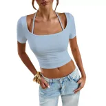 Womens Cropped T Shirt Sweet and Spicy Style Slim Fit Square Neck Short Sleeve Casual Wear Ready