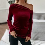 Velvet Off Shoulder Top Slim Fit Long Sleeve Solid Color Elegant for Parties and Events Wholesal