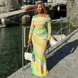 Casual Floral Print Bodycon Dress Off Shoulder Long Sleeve Color Block Design Perfect for Vacati