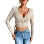 Womens Sexy V Neck T Shirt Long Sleeve Waist Tie Slim Fit Spring Summer Casual Wear Wholesale Av