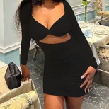 Long Sleeve Square Neck Bodycon Dress Solid Color Ruched Backless Slim Fit Stylish for Parties o