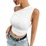 Asymmetrical Shoulder Knit T Shirt Slim Fit Sexy Design Comfortable Fabric Casual Wear for Women