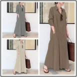 Cotton Linen Long Sleeve Shirt Dress Solid Color Pocket Design Loose Fit Casual Everyday Wear Re