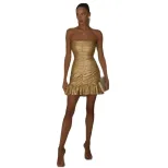 French Style Sexy Strapless Bodycon Ruched Midi Dress Elegant Gold Foil Design Perfect for Parti