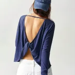Casual Loose Fit Long Sleeve T Shirt Solid Color Backless Design Spring Summer Style Wholesale A