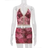 Spring Womens Fashion Set Stylish Floral Print Lace Trim Halter Neck Top Bodycon Skirt Perfect f