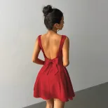 Red A Line Dress Fitted Square Neck Backless Short Hem Spring Summer Fashion Wholesale Available
