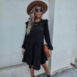 Loose Black Long Sleeve Dress Vintage Hepburn Style Fashionable Womens Apparel for Casual Occasi