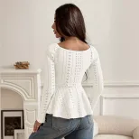 Elegant Womens Long Sleeve Top Solid Color U Neck Lace Trim Tie Detail Winter Fashion Wholesale