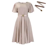 Elegant A Line Dress with Puff Sleeves Round Neck Waist Defined Flowy Skirt Perfect for Parties