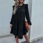 Loose Black Long Sleeve Dress Vintage Hepburn Style Fashionable Womens Apparel for Casual Occasi