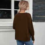 Womens Loose Fit V Neck Long Sleeve T Shirt Solid Color Casual Style Autumn Winter Ready to Ship