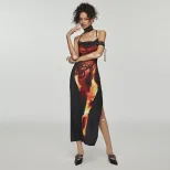 Flame Print Sexy Slip Dress Backless High Slit Sleeveless Summer Party Wear Wholesale Available