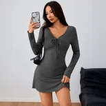 V Neck Drawstring Long Sleeve Dress Slim Fit Ruffled Short Skirt Versatile Style for Casual or P
