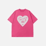 Loose Fit Heart Print Short Sleeve T Shirt for Women Vintage Wash Design Casual Style Summer Wea