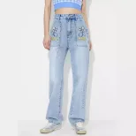High Waisted Embroidered Wide Leg Jeans Loose Fit Denim Fabric Casual Style Ready to Ship factor