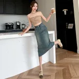 时尚牛仔半身裙女2023春秋新款后开叉中长款小个子高腰a字包臀裙