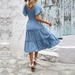 Summer Casual Midi Dress Off Shoulder Ruffle Sleeves Solid Color Vacation Wear Wholesale Availab