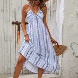 Geometric Print Halter Neck Dress for Women Summer Beach Vacation Style Available in Blue Wholesale Sizes S to XL