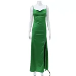 Satin Evening Dress Sexy High Slit Backless Long Length Elegant for Parties and Formal Events Wh