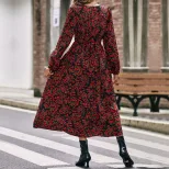 Red Floral Long Sleeve Maxi Dress Elegant Design Autumn Spring Fashion Perfect for Casual or For